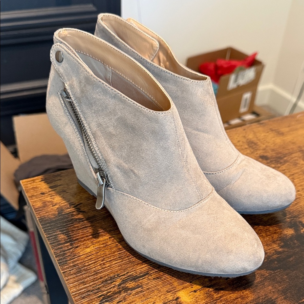 CL by Laundry Light Taupe Suede Ankle Booties